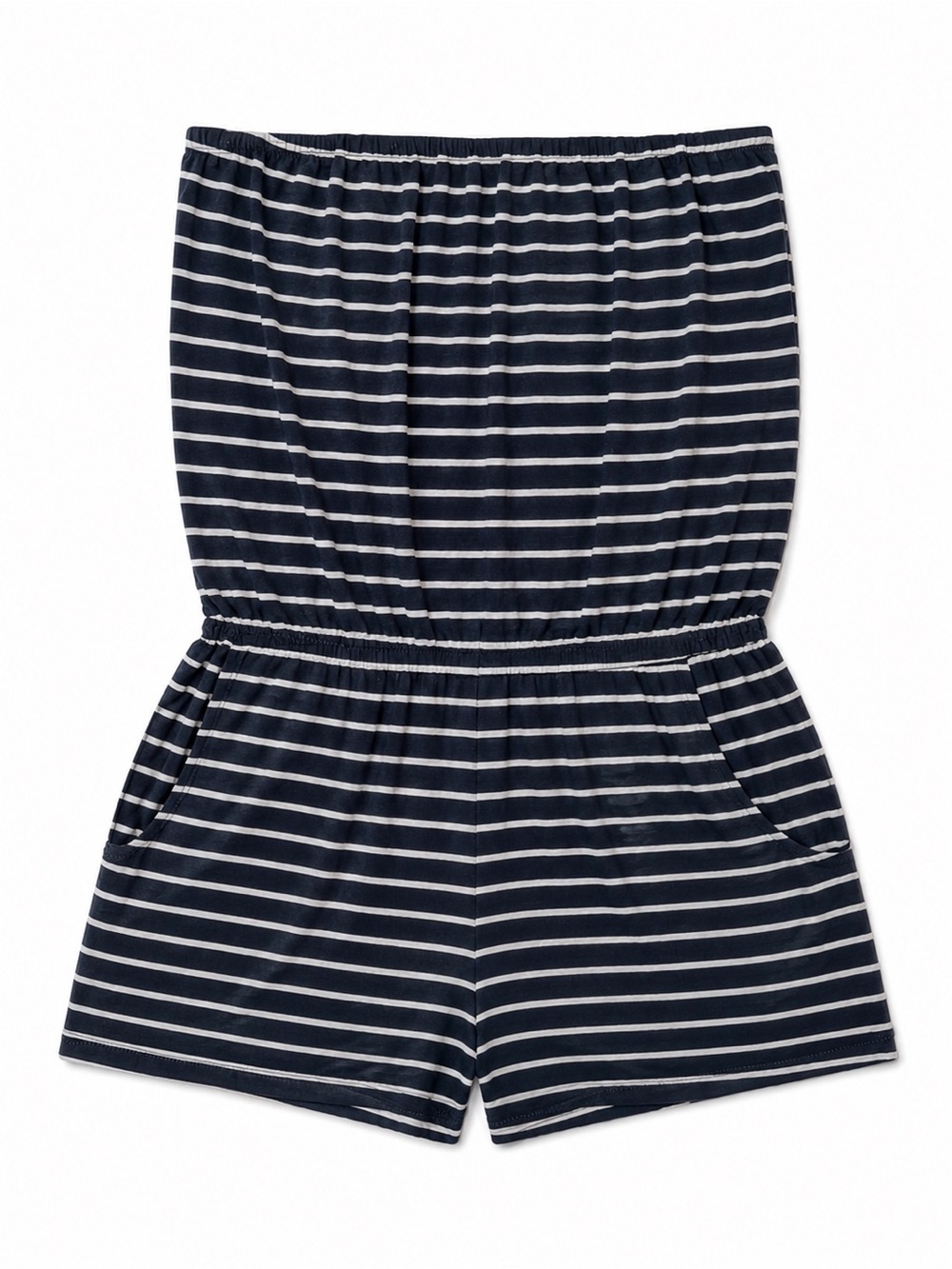 Classic Dark Blue and Gray Striped Strapless Romper
